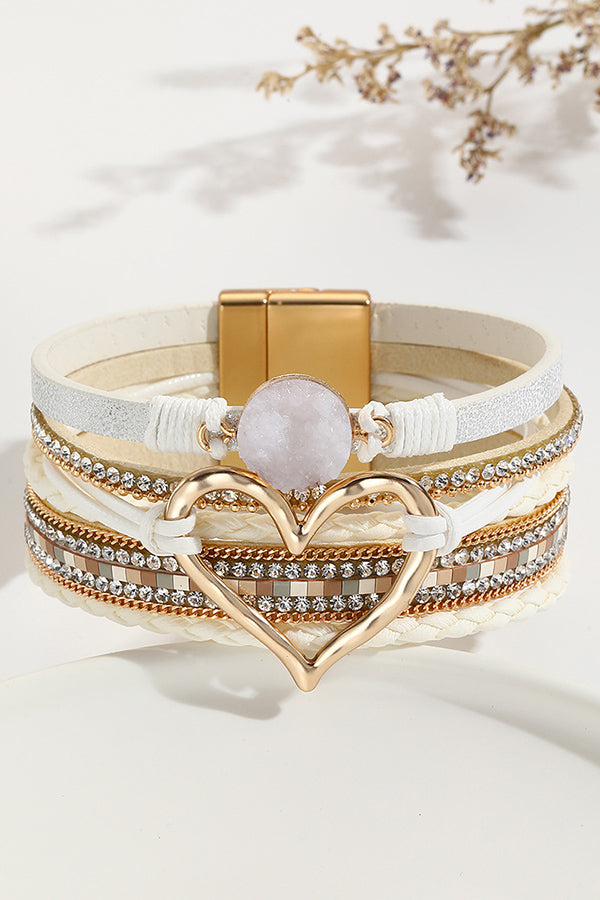 Pulsera Bohemia de Cordón de Piel con Piedra Bruta en Forma de Corazón