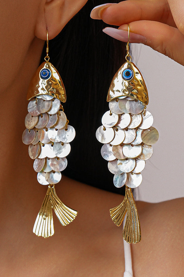 Pendientes de Gancho con Concha en Forma de Pez y Borlas