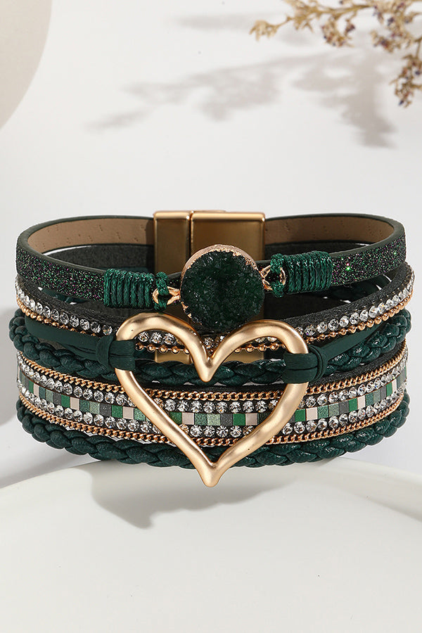 Pulsera Bohemia de Cordón de Piel con Piedra Bruta en Forma de Corazón