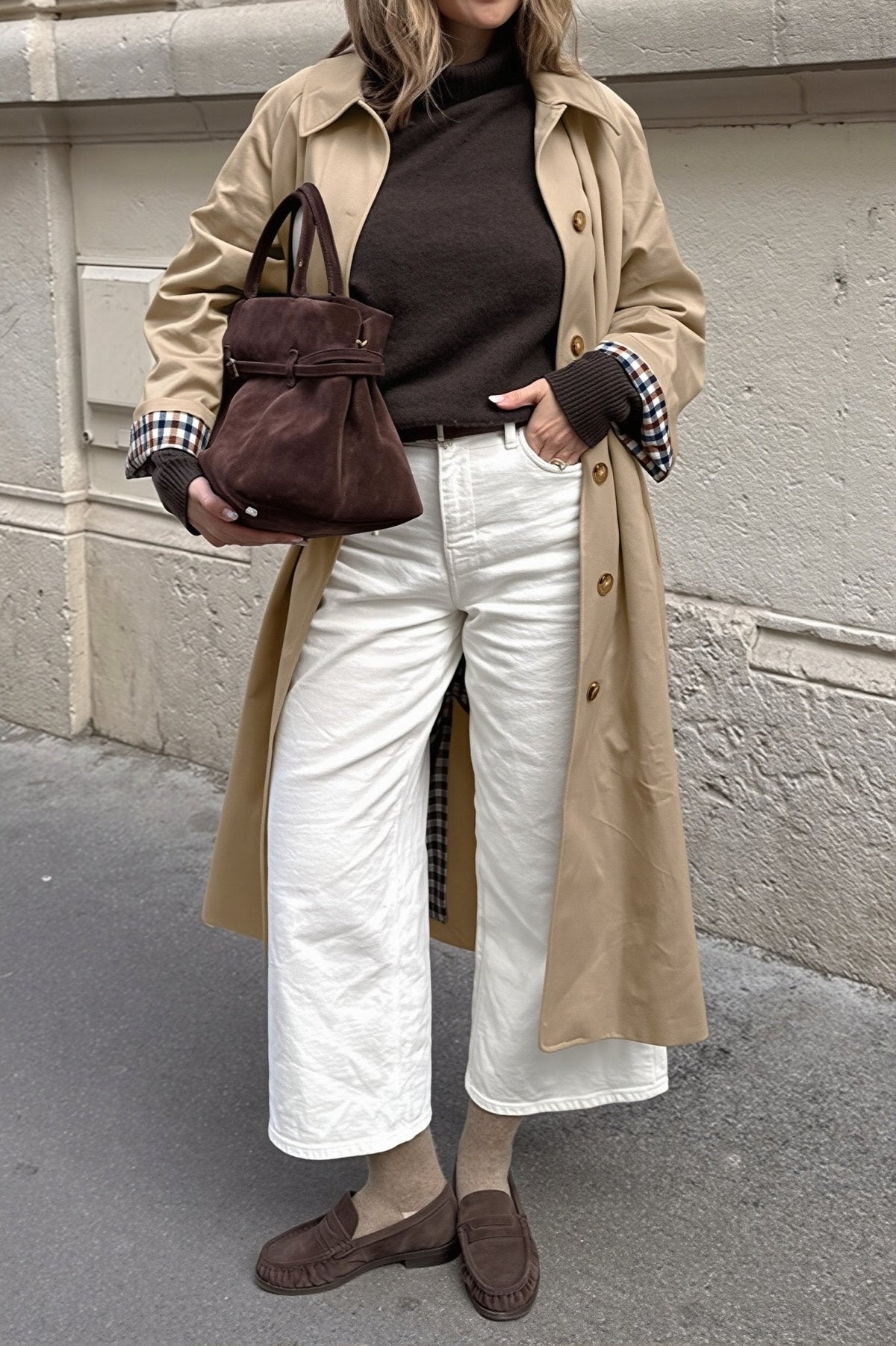 Gabardina media Annie con detalle de cuadros