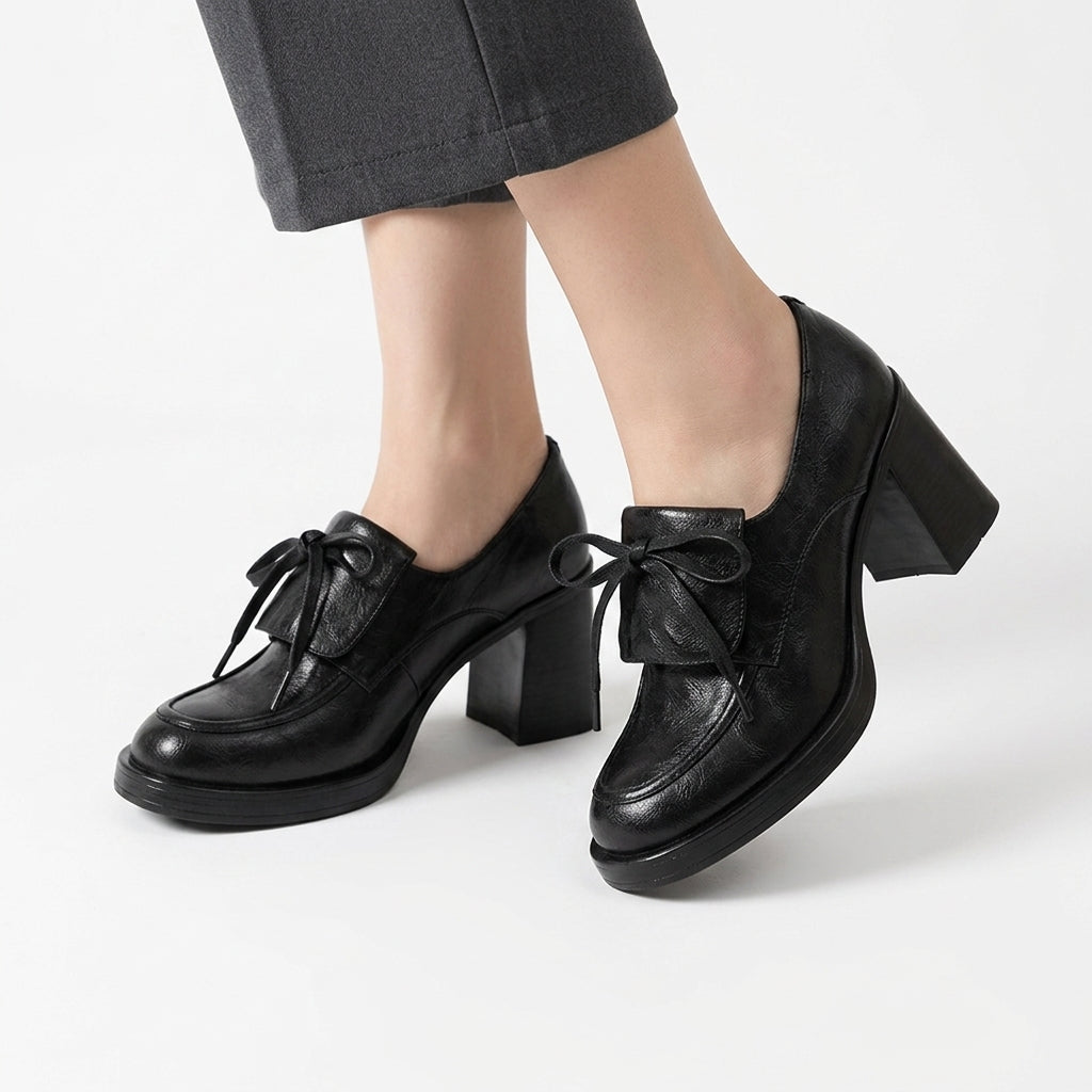 Mera - Mocasín de Tacón Ancho Mujer de Piel Arrugado