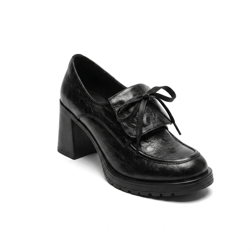 Mera - Mocasín de Tacón Ancho Mujer de Piel Arrugado