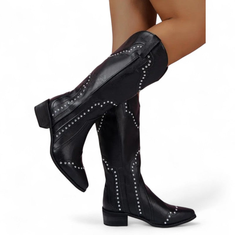 Malena - Bota Campera Vintage Con Tachuelas de Tacón Media Caña