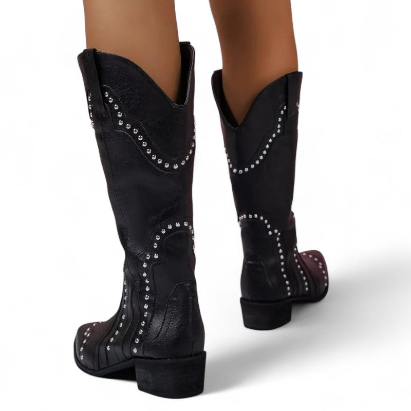Malena - Bota Campera Vintage Con Tachuelas de Tacón Media Caña