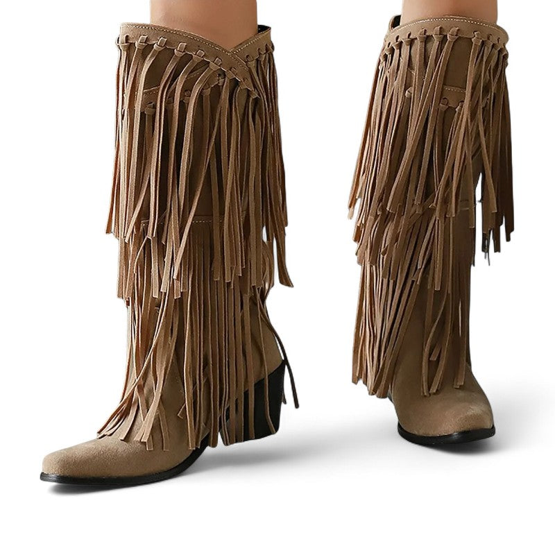 Ela - Bota Campera Media-alta Estilo Cowboy de Flecos