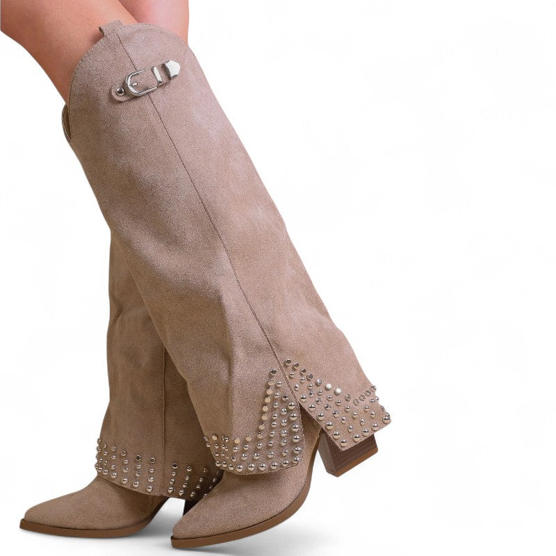 Ema - Bota Campera Larga de Tacón y Remaches y Strass