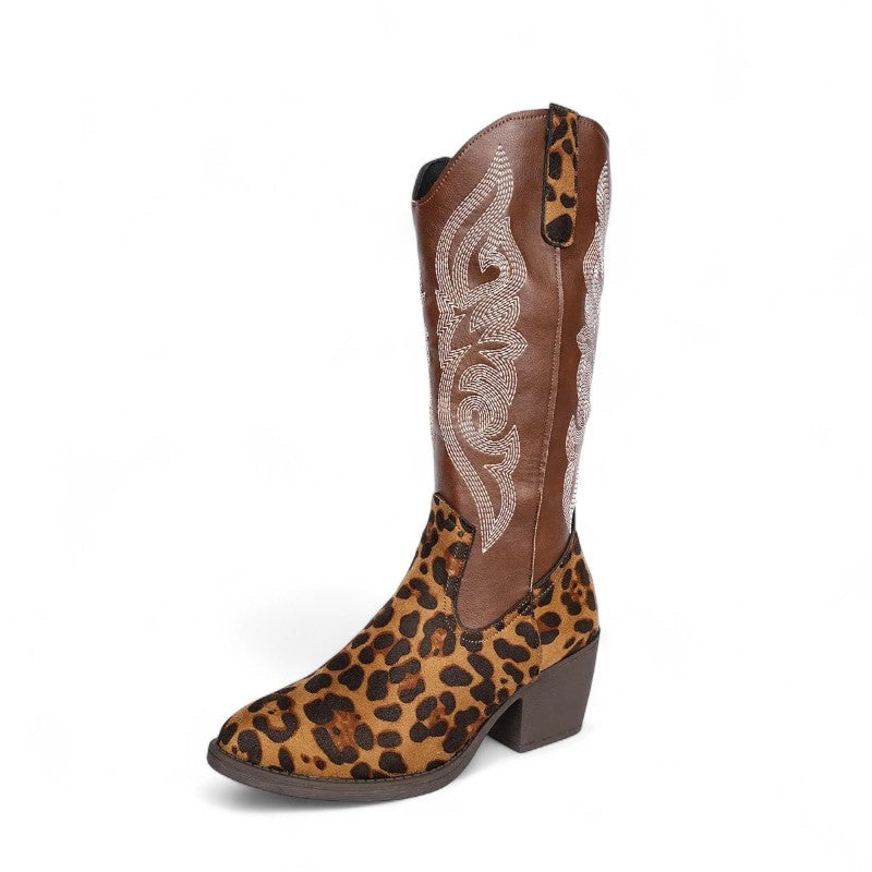 Paula - Bota Campera Bordada de Estilo Leopardo