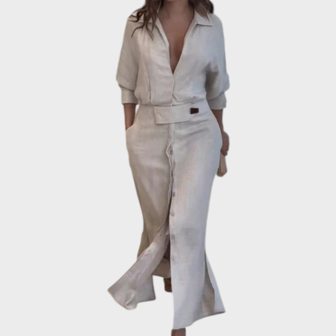 Jeanette | Long Linen Dress With V-Neck