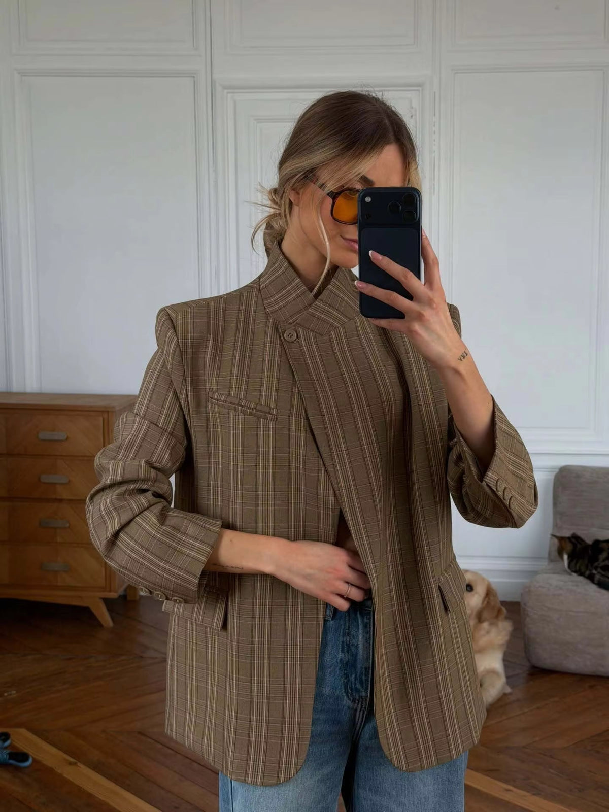 Blazer Katie de cuadros con cuello alto