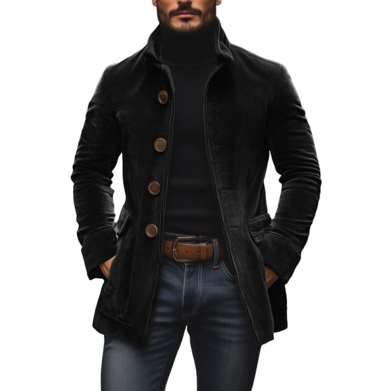 Abrigo elegante para hombre – corte entallado, cuello alto y bolsillos laterales