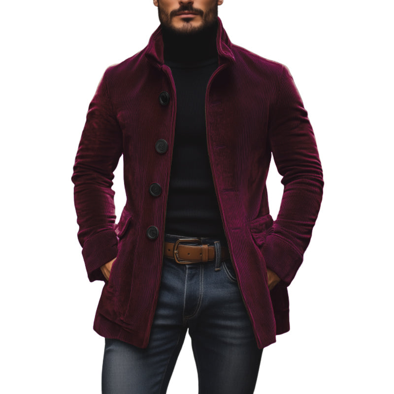 Abrigo elegante para hombre – corte entallado, cuello alto y bolsillos laterales