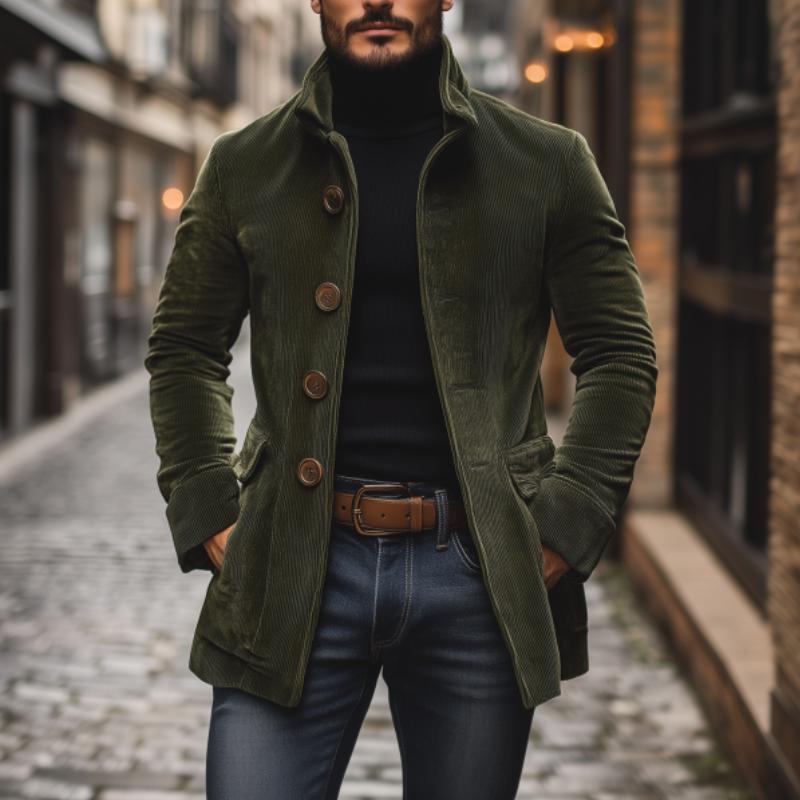 Abrigo elegante para hombre – corte entallado, cuello alto y bolsillos laterales