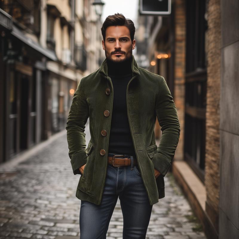 Abrigo elegante para hombre – corte entallado, cuello alto y bolsillos laterales