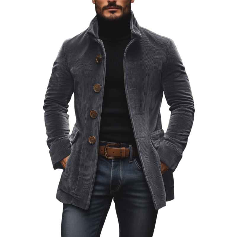 Abrigo elegante para hombre – corte entallado, cuello alto y bolsillos laterales