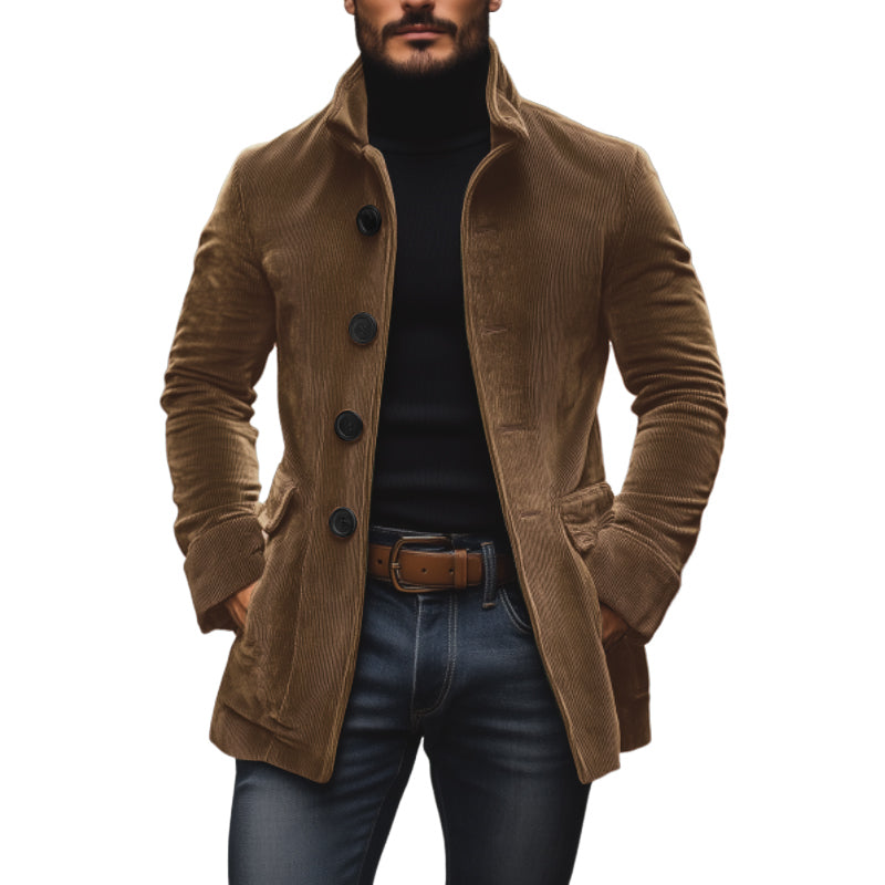 Abrigo elegante para hombre – corte entallado, cuello alto y bolsillos laterales