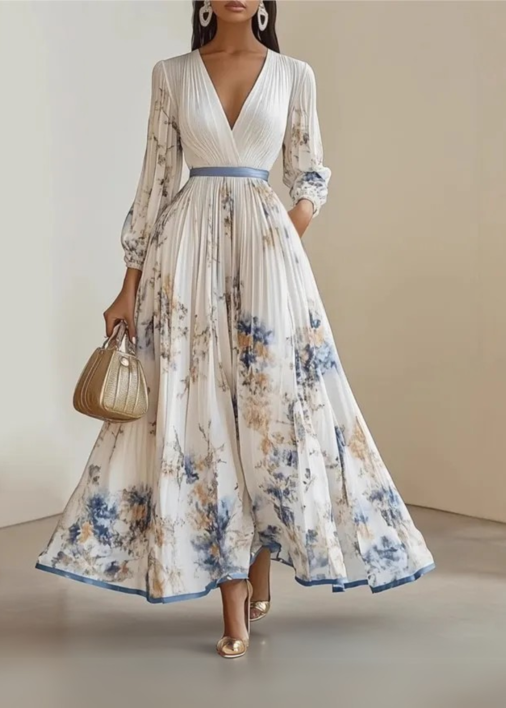 Henriqueta | Robe longue fleurie avec jupe plissée et manches longues