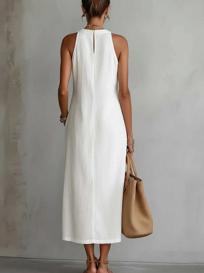 Beatriz | Robe midi en lin à col montant et dentelle