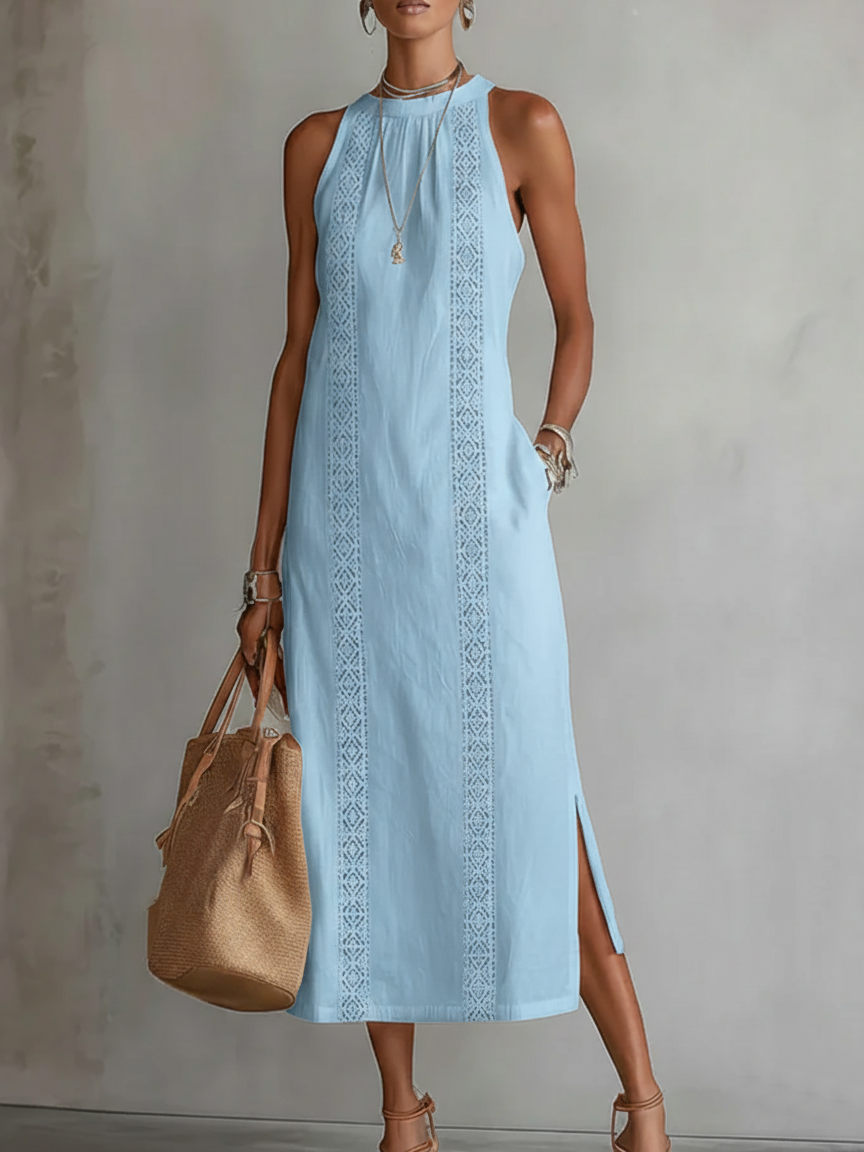 Beatriz | Robe midi en lin à col montant et dentelle