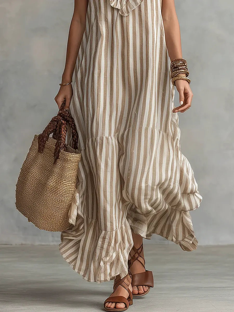 Isabel | Robe en coton rayée avec volants à l'encolure