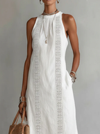 Beatriz | Linen Midi Dress with Lace and High Neck