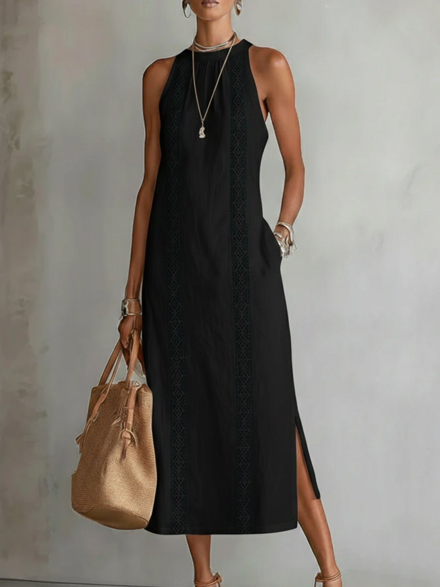Beatriz | Robe midi en lin à col montant et dentelle