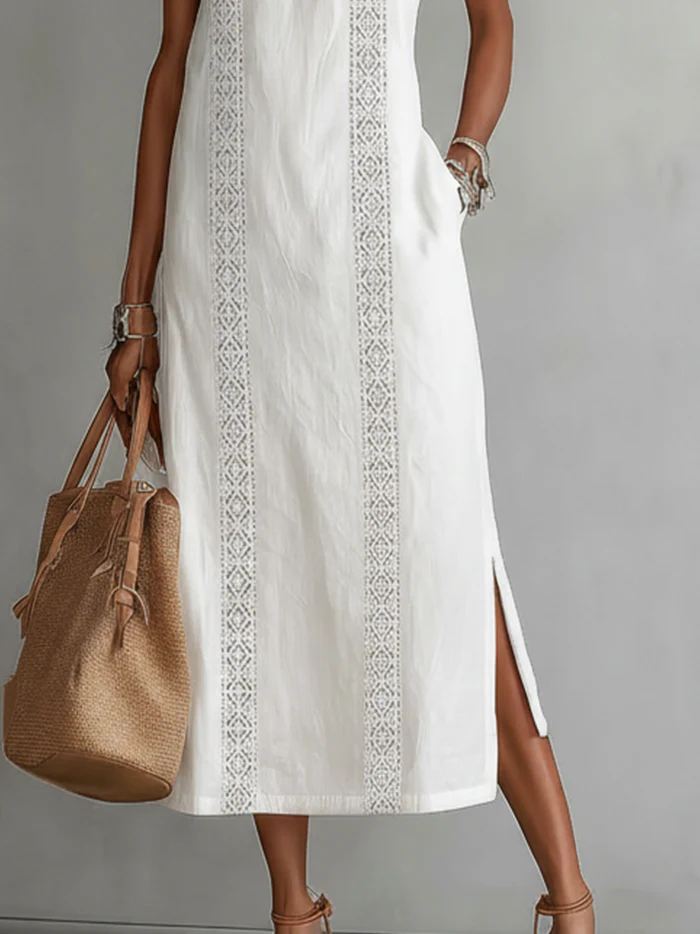 Beatriz | Linen Midi Dress with Lace and High Neck