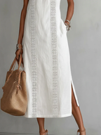 Beatriz | Linen Midi Dress with Lace and High Neck