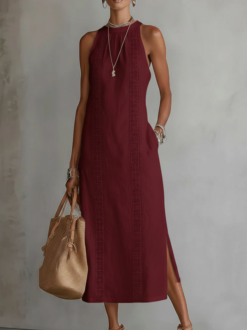 Beatriz | Robe midi en lin à col montant et dentelle
