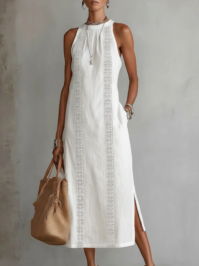 Beatriz | Robe midi en lin à col montant et dentelle