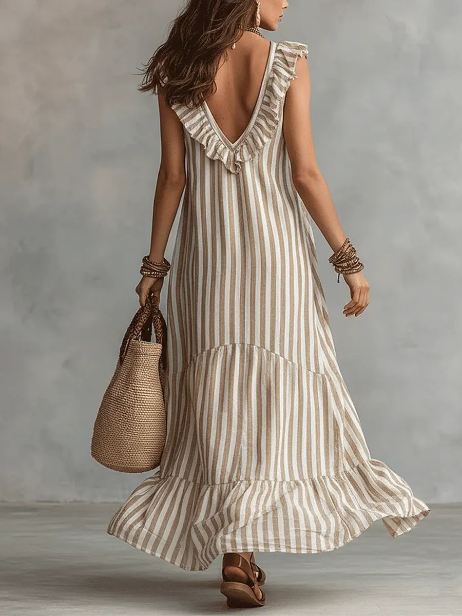 Isabel | Robe en coton rayée avec volants à l'encolure