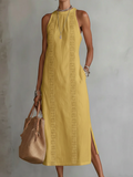 Beatriz | Linen Midi Dress with Lace and High Neck