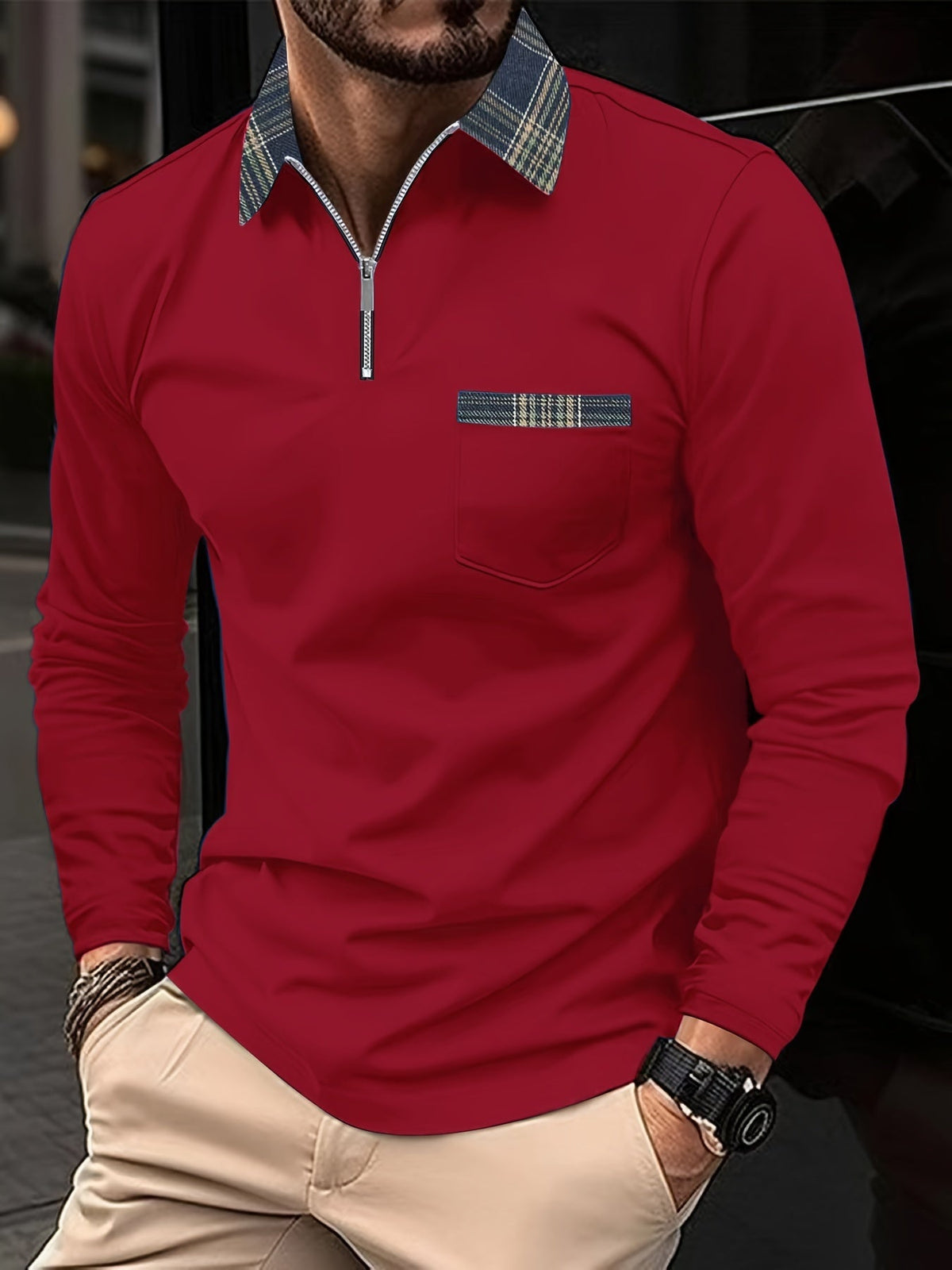 Polo de hombre de manga larga: cuello con cremallera, elegancia y estampado de cuadros