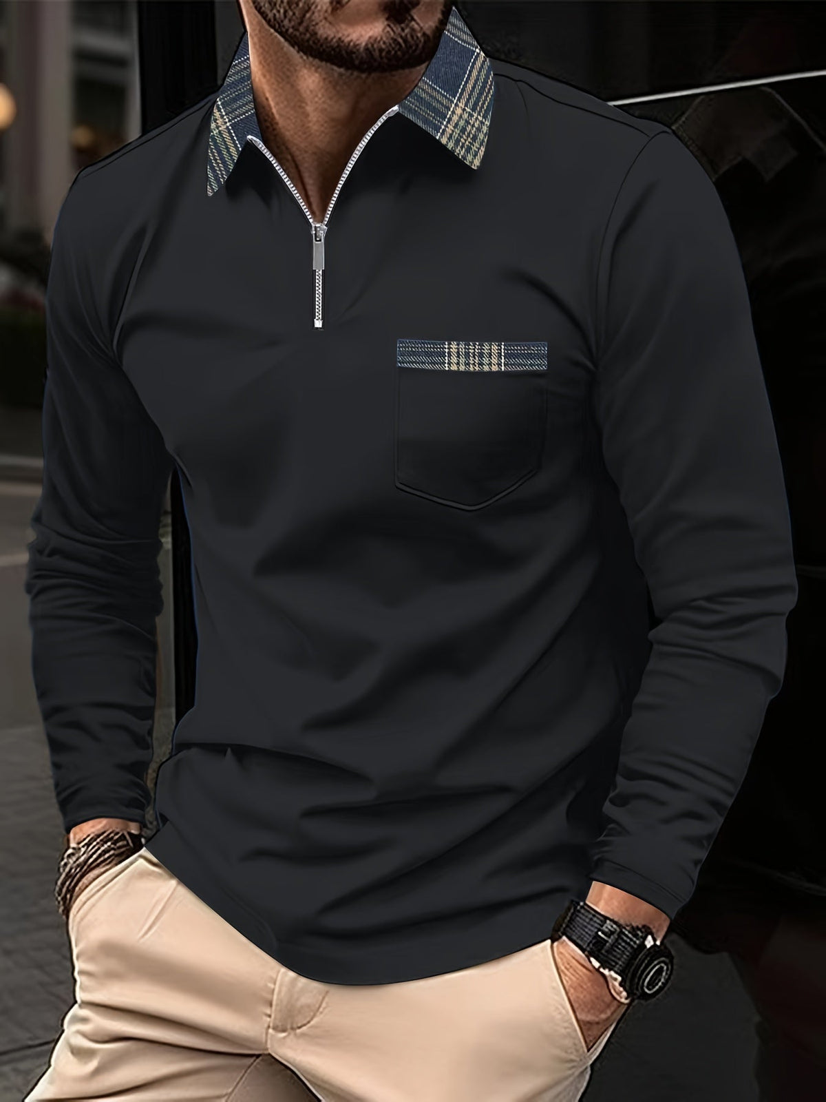 Polo de hombre de manga larga: cuello con cremallera, elegancia y estampado de cuadros
