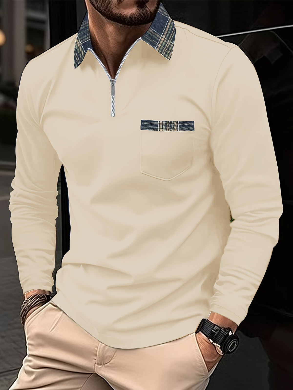 Polo de hombre de manga larga: cuello con cremallera, elegancia y estampado de cuadros