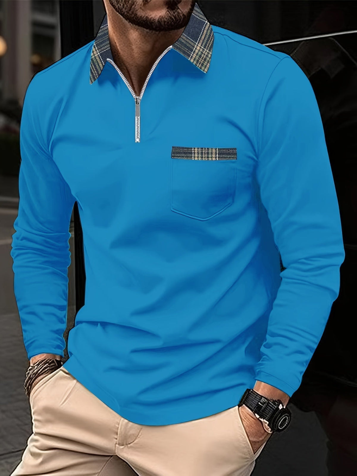 Polo de hombre de manga larga: cuello con cremallera, elegancia y estampado de cuadros