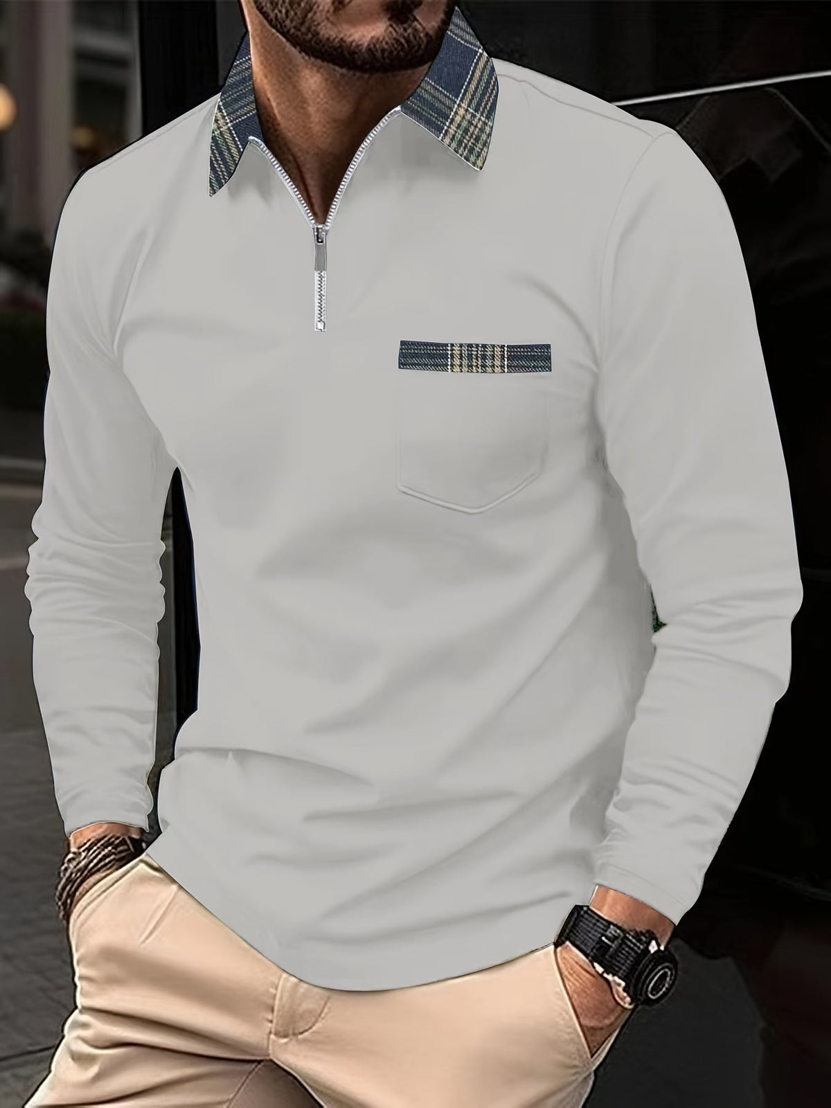 Polo de hombre de manga larga: cuello con cremallera, elegancia y estampado de cuadros