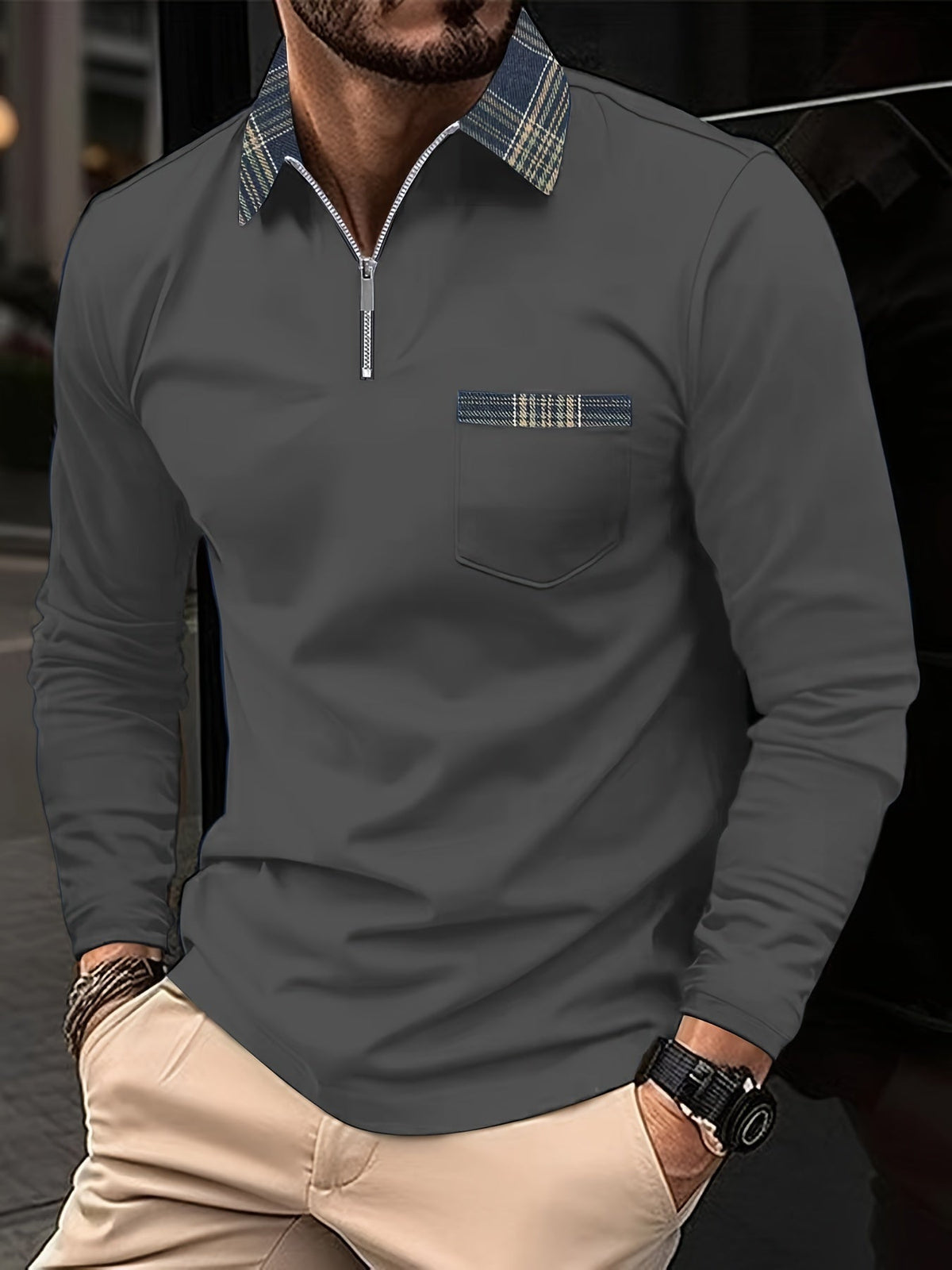 Polo de hombre de manga larga: cuello con cremallera, elegancia y estampado de cuadros