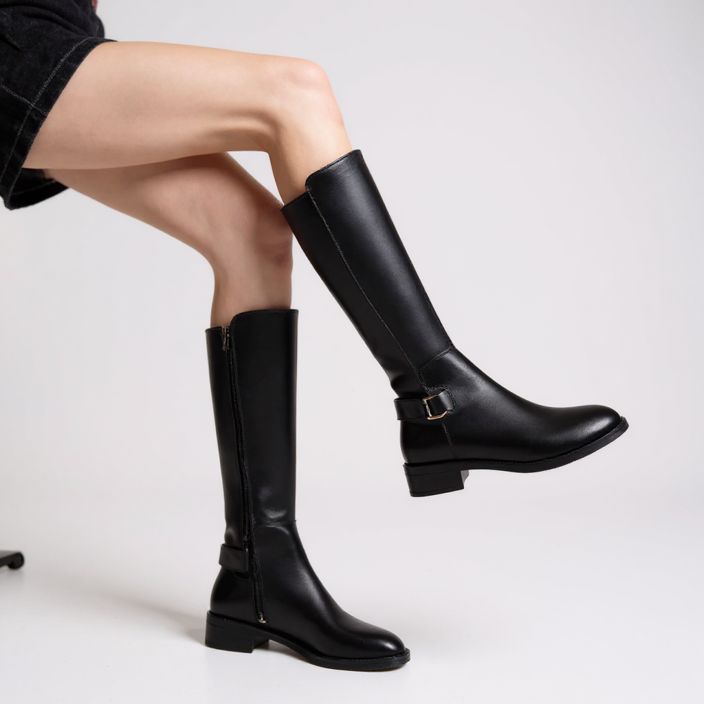 Athea - Botas de Montar Mujer Negras Elegante con Hebilla Metálico