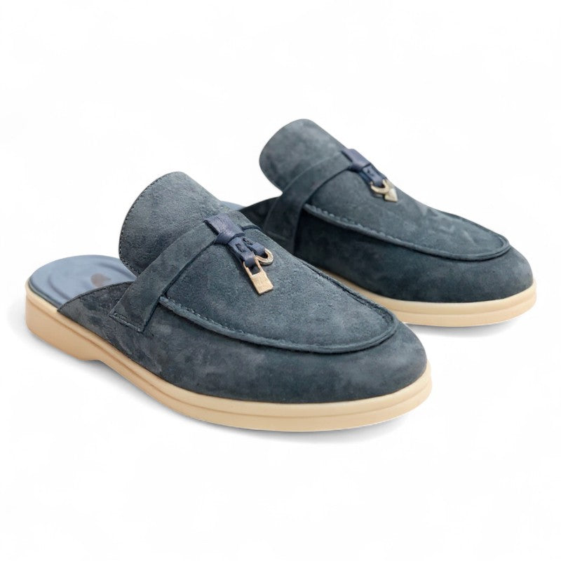 Sofia - Mocasín Mujer Ante Zueco Plana Elegante de Detalle Metálico