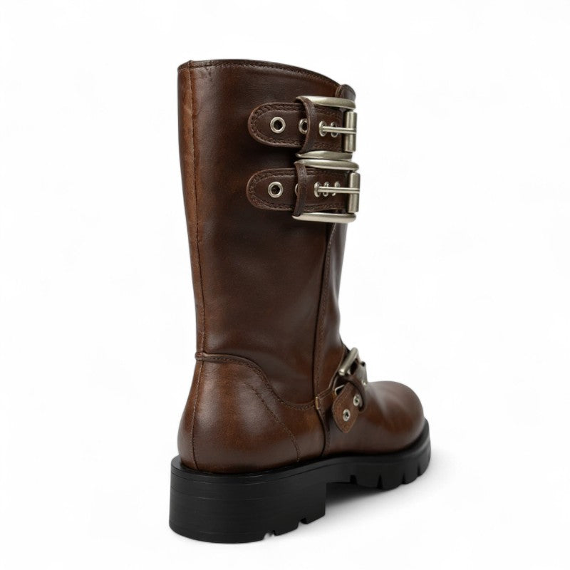 Urys - Botas de Montar Bajas Moteras Mujer Marrón Hebillas Metálicos