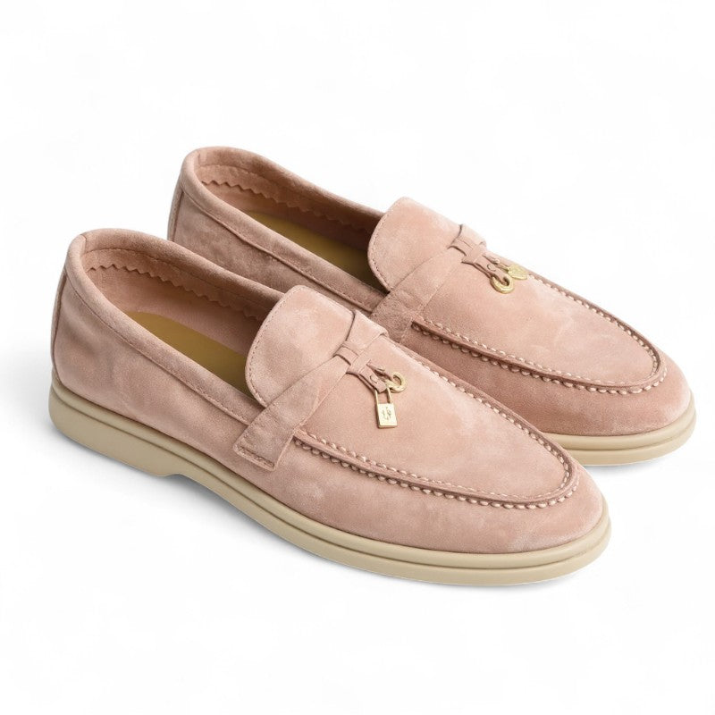 Gaby - Mocasines Mujer Ante Planos y Elegantes Acabados Metálicos
