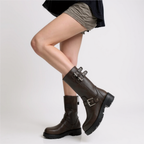 Urys - Botas de Montar Bajas Moteras Mujer Marrón Hebillas Metálicos