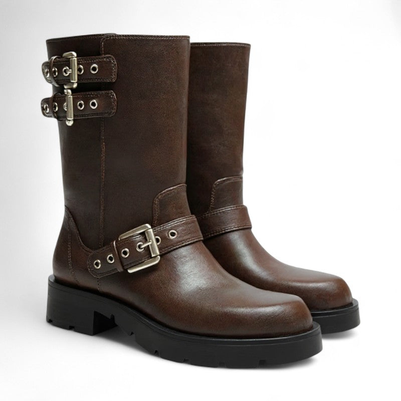 Urys - Botas de Montar Bajas Moteras Mujer Marrón Hebillas Metálicos