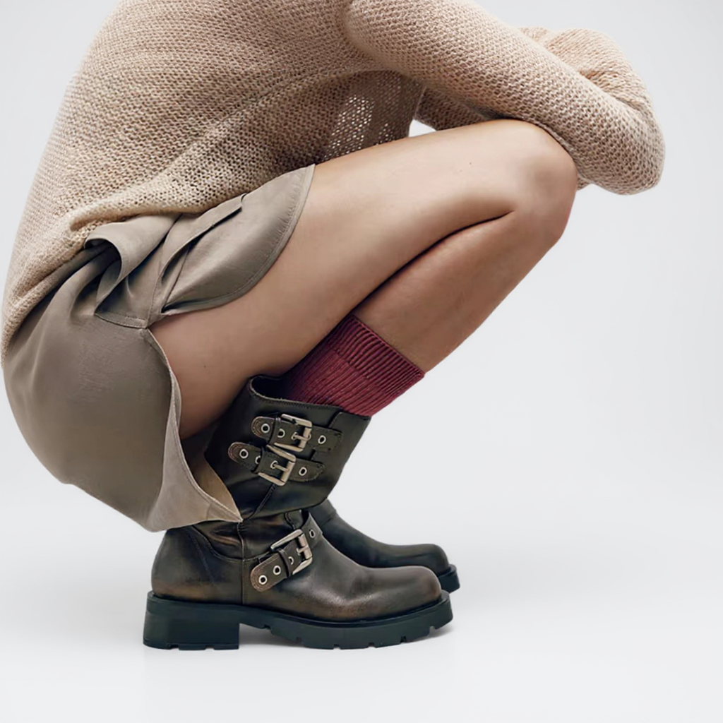 Urys - Botas de Montar Bajas Moteras Mujer Marrón Hebillas Metálicos