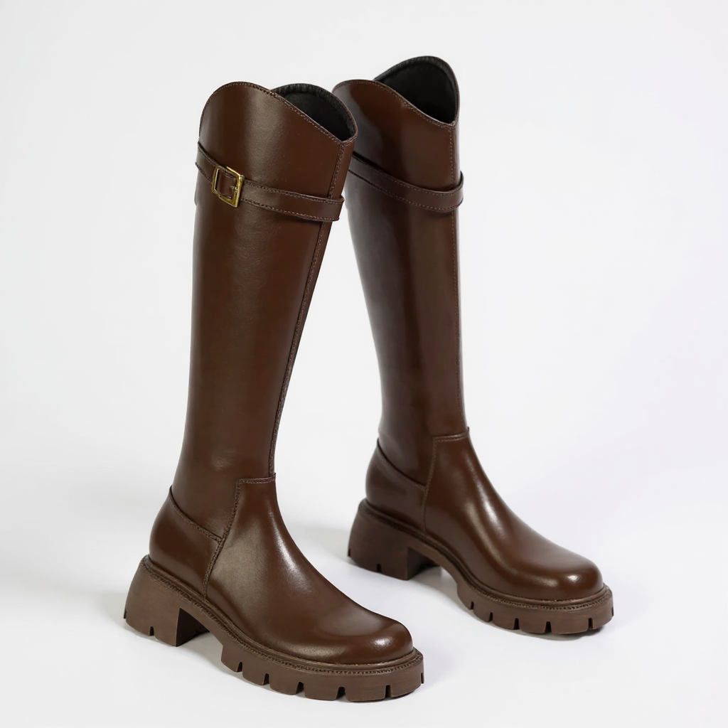 Halyn - Botas de Montar Mujer Tacón Grueso con Hebilla Dorada