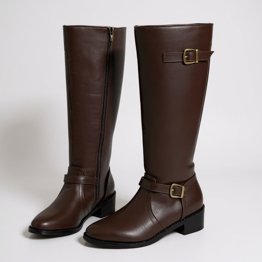 Fanny - Botas de Montar Mujer Hebillas Doradas Y Tacón Bajo Elegante