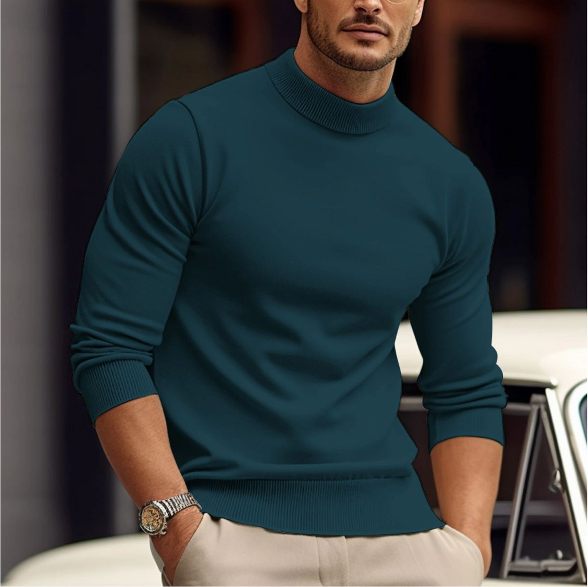 Jersey de cuello alto ajustado para hombre - Elegancia y comodidad para el día a día