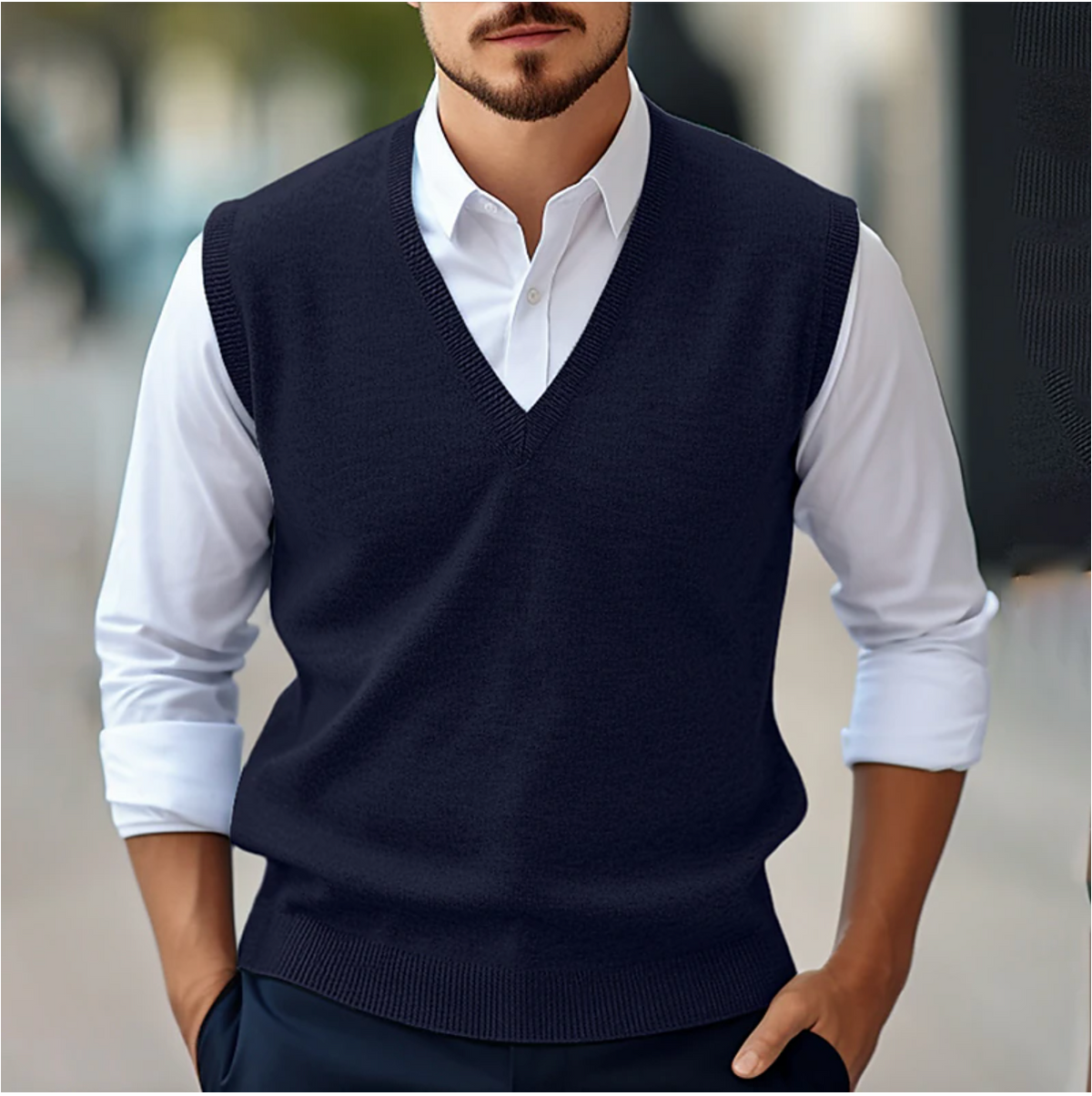 Pull Hombre Sin Mangas – Punto Fino – Cuello en V Acanalado