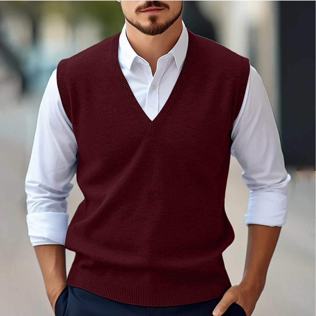 Pull Hombre Sin Mangas – Punto Fino – Cuello en V Acanalado