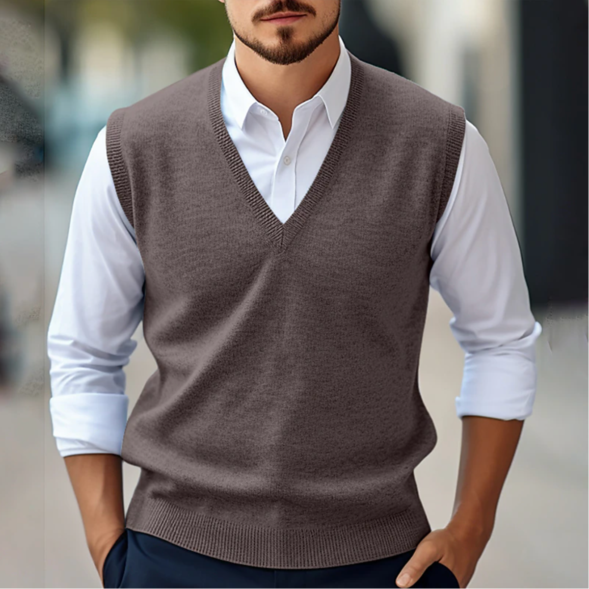 Pull Hombre Sin Mangas – Punto Fino – Cuello en V Acanalado